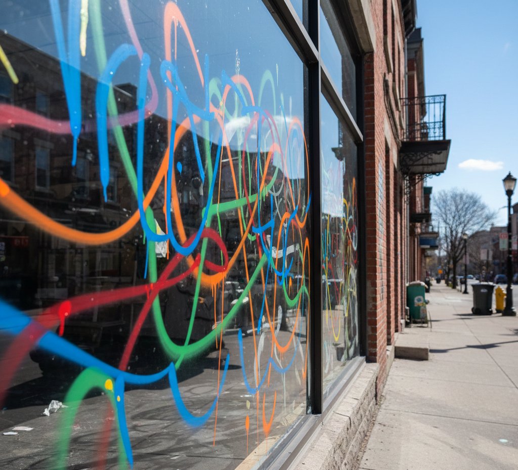 Avant — vitrine commerce graffitis colorés